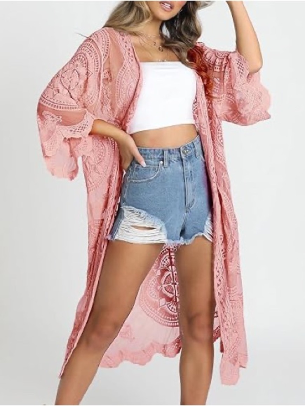 Rebellion Blush Pink Crochet Duster Kimono
